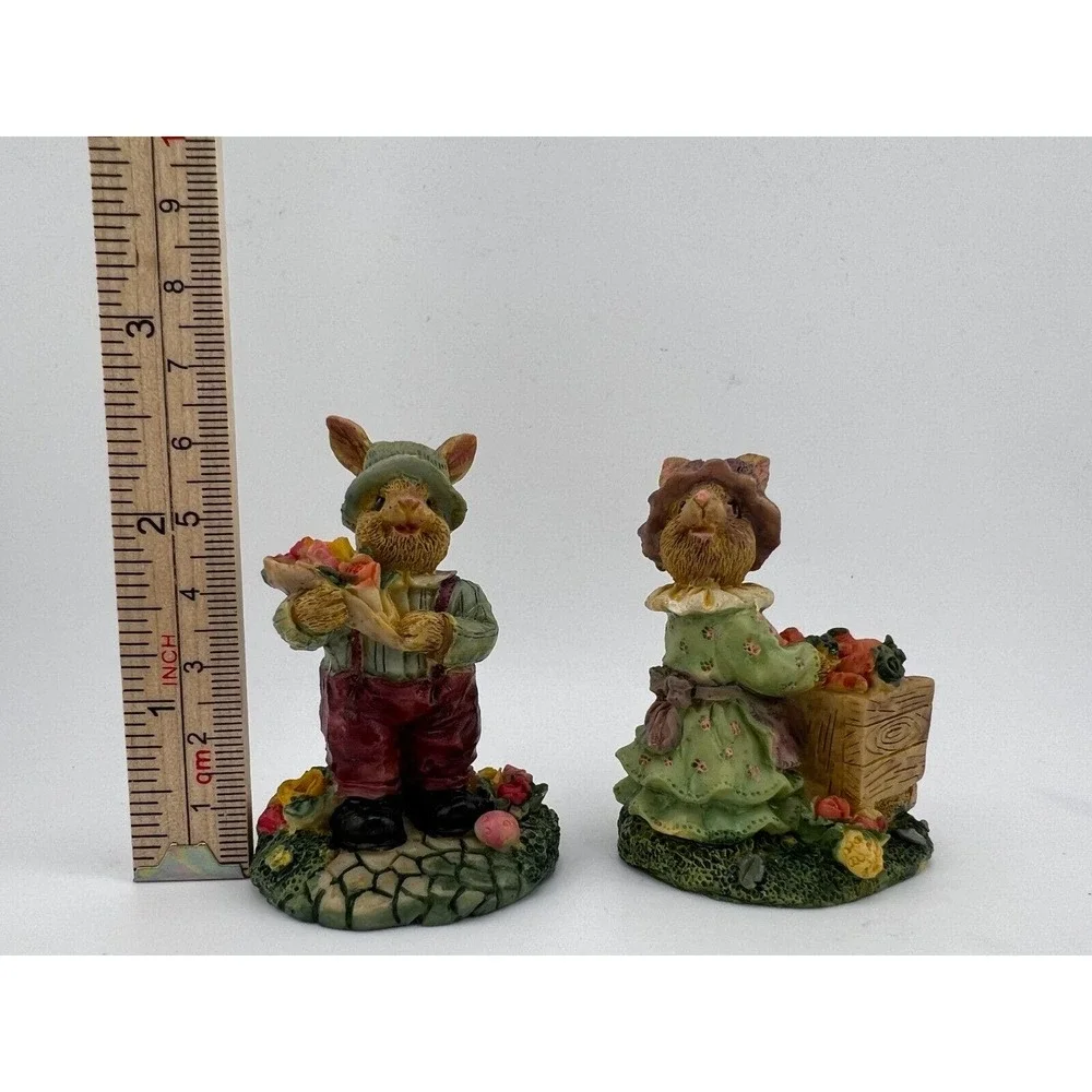 Vtg Girl Bunny Picking out Carrots & Rabbit‎ Picking Easter Egg Bouquet Figurine